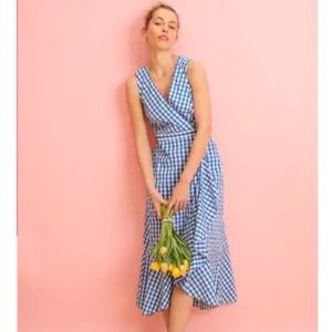 V-neck ruffle wrap maxi dress in cotton poplin blue plaid size 6